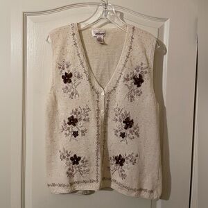Vintage Worthington Sweater Vest Embroidered Embellished Knit Size L Cream 90s